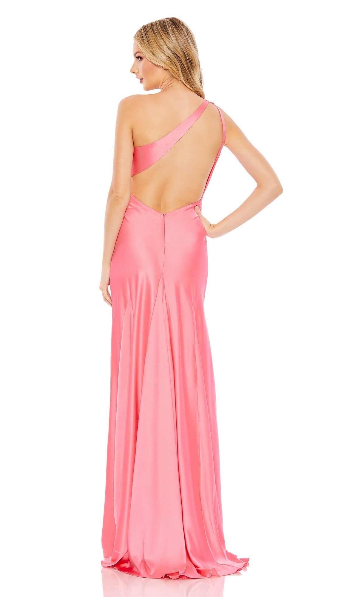 A woman stands elegantly with her back to the camera, wearing the One-Shoulder Long Pink Prom Dress with Brooch 68046—a satin formal gown featuring an open back.