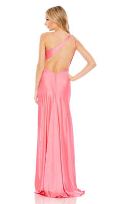 A woman stands elegantly with her back to the camera, wearing the One-Shoulder Long Pink Prom Dress with Brooch 68046—a satin formal gown featuring an open back.