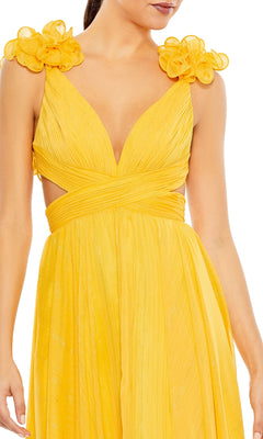 Woman wearing the Mac Duggal 68094 Lace-Up Ruffled Formal Gown, featuring sleeveless yellow design, floral shoulder accents, deep V-neckline, side cutouts, and a lace-up open back.