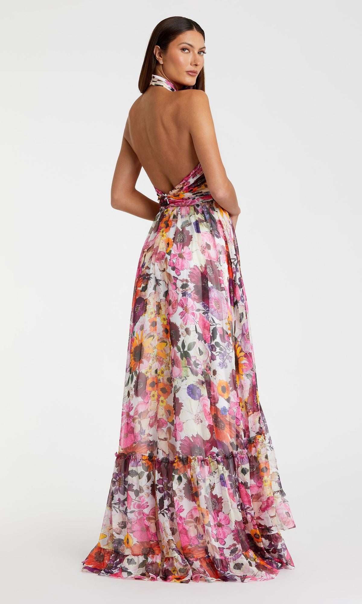 Mac Duggal Asymmetrical Ruffled Halter Floral Gown