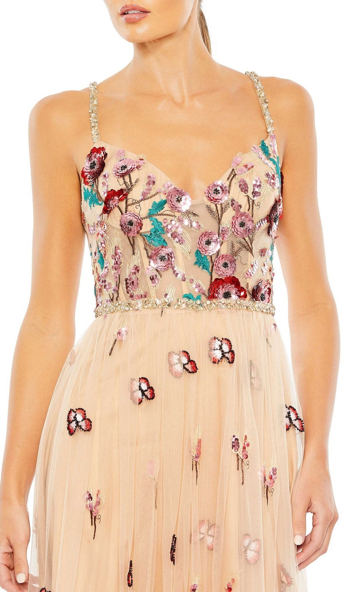 Mac Duggal Embellished A Line Gown with Floral Detail Sand/Multi, Size 12 Mac Duggal Embellished A Line Gown with Floral Detail Sand/Multi, Size 12