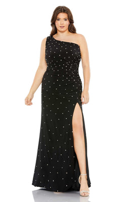 A woman wears the Mac Duggal 68130 Plus-Size One-Shoulder Prom Gown, a black formal dress with white polka dots, thigh-high slit, and nude heels.