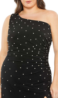 A person wearing the Mac Duggal 68130 Plus-Size One-Shoulder Prom Gown, a black formal dress with white pearl-like embellishments for a chic, elegant look.
