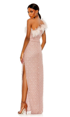 Woman in a pale pink Mac Duggal 68139 Feather One-Shoulder Formal Gown featuring beads, high slit, and feathered detail, pairs clear-heeled sandals while posing with her back to the camera.