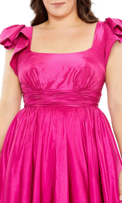 Woman wearing the Long Plus-Size Formal Dress 68150 by Mac Duggal in shiny magenta pink, featuring a square neckline, ruched waist, and ruffled sleeves. Image is cropped from shoulder to mid-thigh.