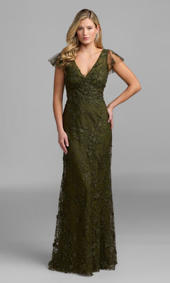 A woman wearing the Long Beaded Formal Dress: Mac Duggal 68192 in olive, featuring a floor-length silhouette with floral embroidery, a V-neckline, and sheer cap sleeves, stands against a plain gray background. This stunning gown effortlessly combines timeless elegance and modern sophistication, making it an ideal choice for any formal occasion.