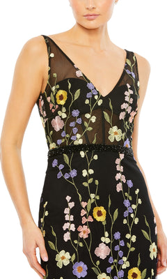 Wearing the Mac Duggal 68200 floral long black formal dress with a sleeveless sheer V-neck and colorful floral embroidery makes for the perfect evening gown.