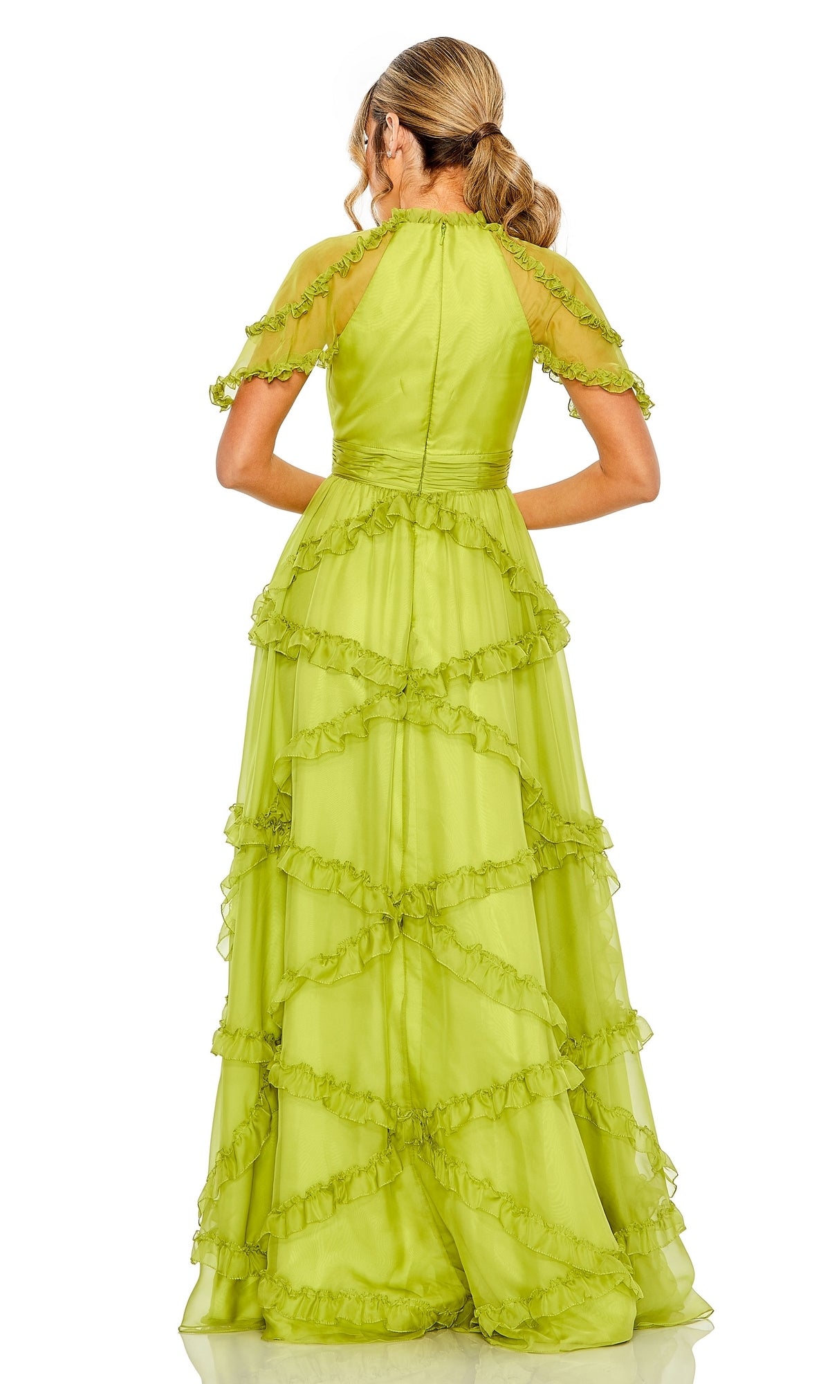 A woman with her hair in a low ponytail faces away, wearing the Mac Duggal Long Formal Dress 68222—an apple green A-line gown featuring short sleeves and tiered ruffled layers.