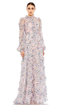 A woman models the Long Formal Dress 68232 by Mac Duggal—a blush gown with long sleeves, high neck, and a layered ruffle skirt—standing against a white background.