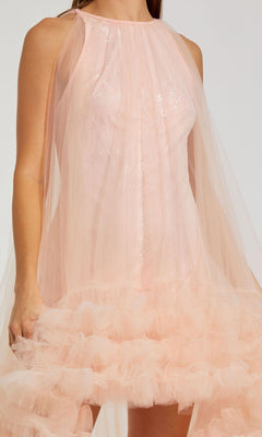 A person wearing the Mac Duggal 68252 High-Low Trapeze Formal Dress, featuring a sleeveless light pink sheer design with a ruffled tulle hem and delicate lace detailing.