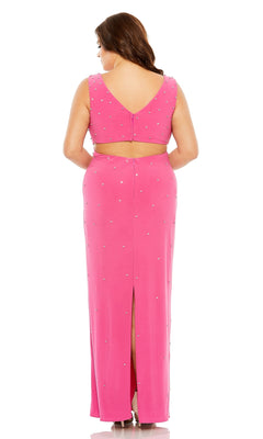 A woman is shown from the back wearing the Long Plus-Size Formal Dress 68353 by Mac Duggal, a sleeveless hot pink gown with a V-back, subtle embellishments, and a back slit.