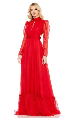 A woman models the Long Formal Dress 68400 by Mac Duggal—a striking red chiffon gown with long sleeves, a gathered waist, and full skirt—standing against a white background.