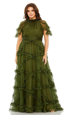 A woman wearing the Long Plus-Size Prom Dress 68424 by Mac Duggal, a floor-length, olive green gown with short sleeves and layered ruffle tiers in sheer fabric.