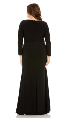 A woman is shown from the back, wearing the Long Plus-Size Formal Dress 68442 by Mac Duggal—a fitted black formal gown with sleeves—standing against a white background.