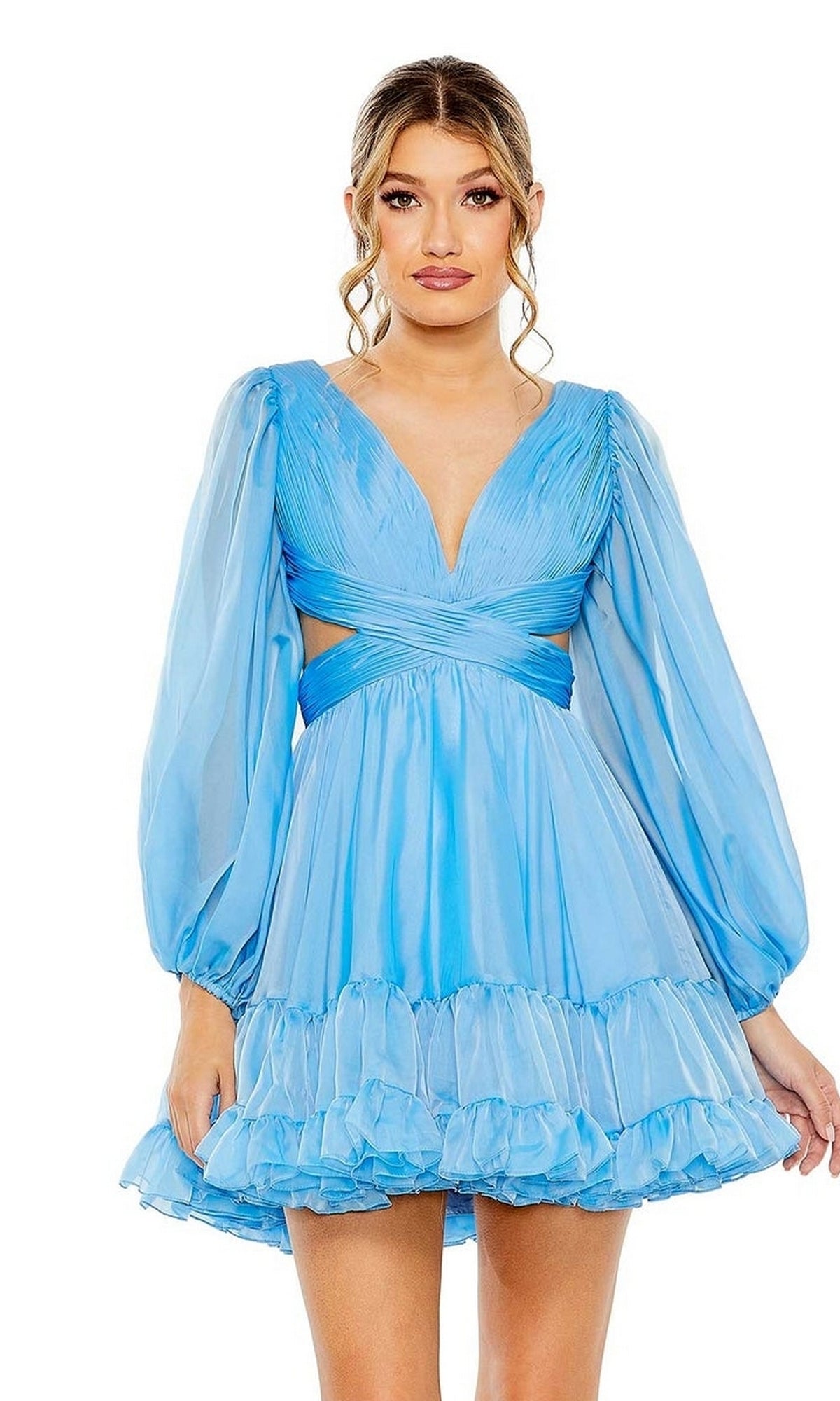 Mac Duggal 68451 Short Light-Blue Party Dress with Sleeves
