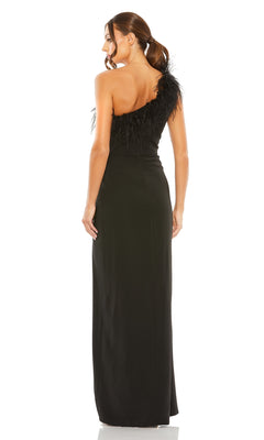 Model wearing the Mac Duggal 68456 One-Shoulder Black Formal Dress with feather detailing, shown from the back against a white background—an elegant choice for any special occasion.