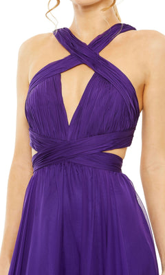 A woman wearing the Mac Duggal Long Formal Dress 68474, featuring a sleeveless purple design with crisscross halter straps, a keyhole neckline, and an elegant open back.