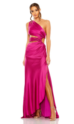 A woman stuns in the Mac Duggal 68485 One-Shoulder Cut-Out Formal Gown—featuring a vibrant pink hue, side cutouts, and a high slit—for an elegant, glamorous evening look paired with strappy heels.