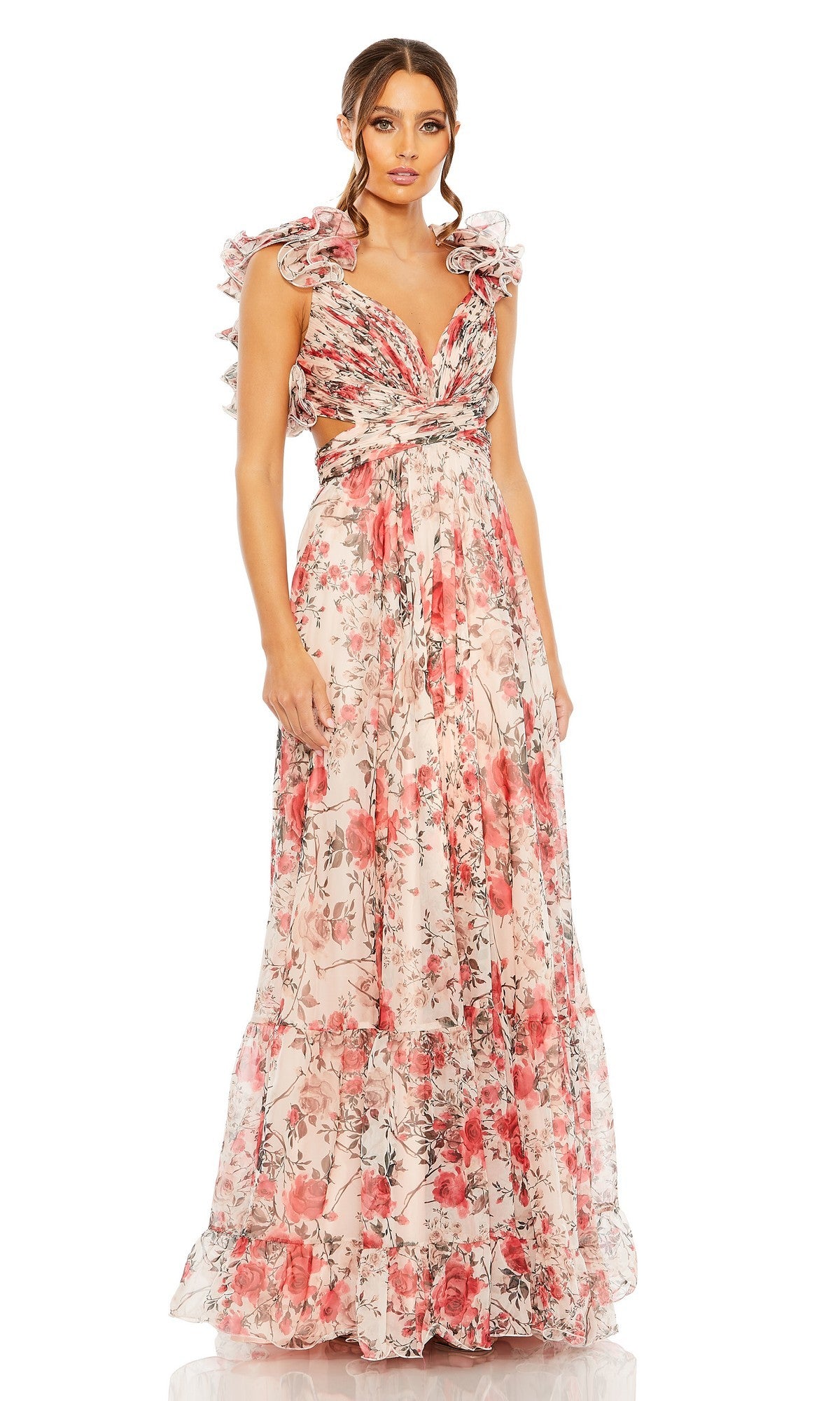Woman wearing the Mac Duggal 68518 long formal dress in Rose Multi, featuring ruffled shoulders and a deep V neckline in floral chiffon, standing against a white background.