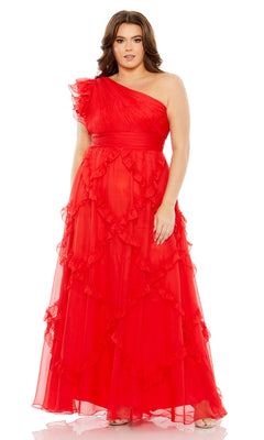 A woman wears the Long Plus-Size Formal Dress 68540 by Mac Duggal—a floor-length, one-shoulder red gown with ruffle details.