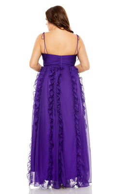Woman in a plus-size, sleeveless Mac Duggal 68543 ruffle formal dress, floor-length with delicate ruffles, shown from the back against a white background.
