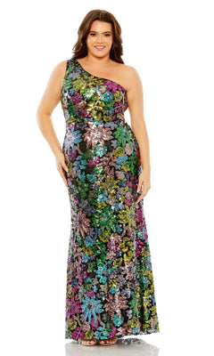 A woman faces forward and smiles, wearing the Long Plus-Size Formal Dress 68545 by Mac Duggal—a one-shoulder, floor-length gown embellished with colorful floral sequins.