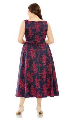 A woman models the Plus-Size Knee-Length Print Party Dress 68557, featuring a sleeveless design and red floral patterns. She faces away to highlight the back of the printed dress and pairs it with beige heels.