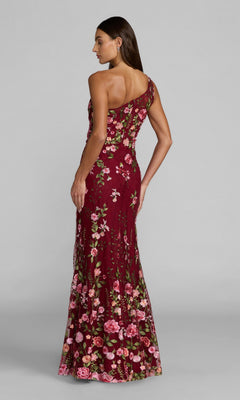 Model shows the back of the Mac Duggal 68606 Long Floral-Print Formal Dress—a floor-length, one-shoulder gown in burgundy with pink and green floral patterns.
