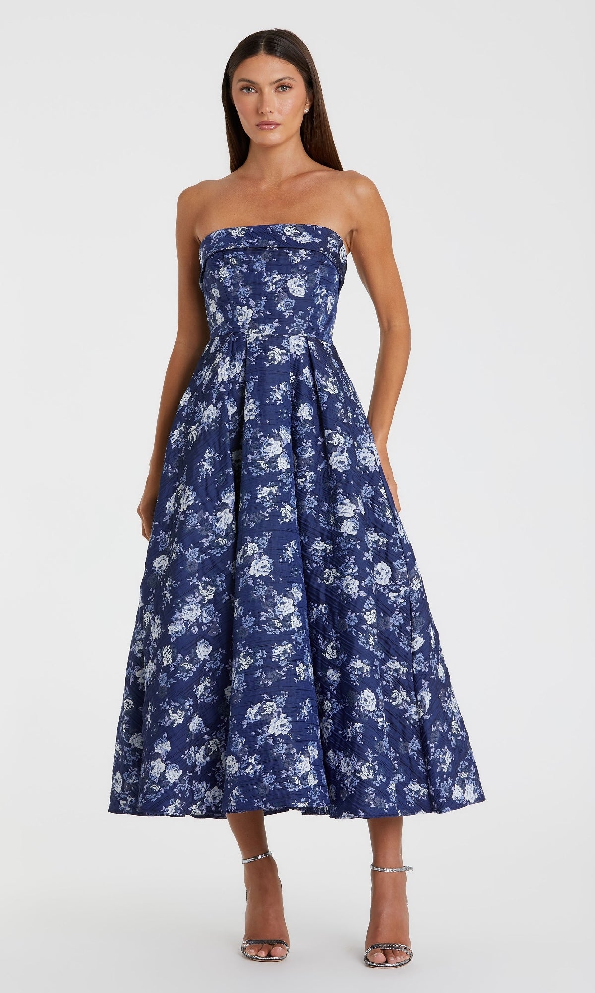 blue print wedding guest dress Mac Duggal Strapless Floral Brocade Midi Dress, Womens, 12, Multi garden ceremonies yearround Buy American Eagle Women Color:Spice