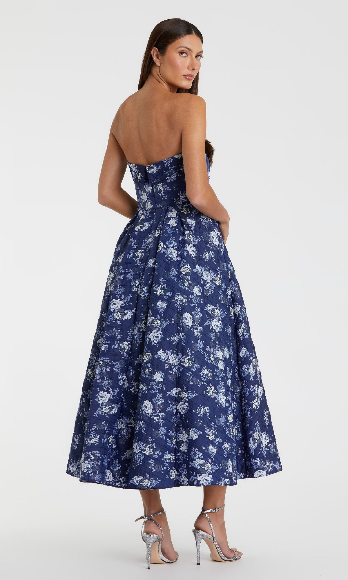 Mac Duggal Strapless Floral Brocade Midi Dress, Womens, 12, Blue Multi
