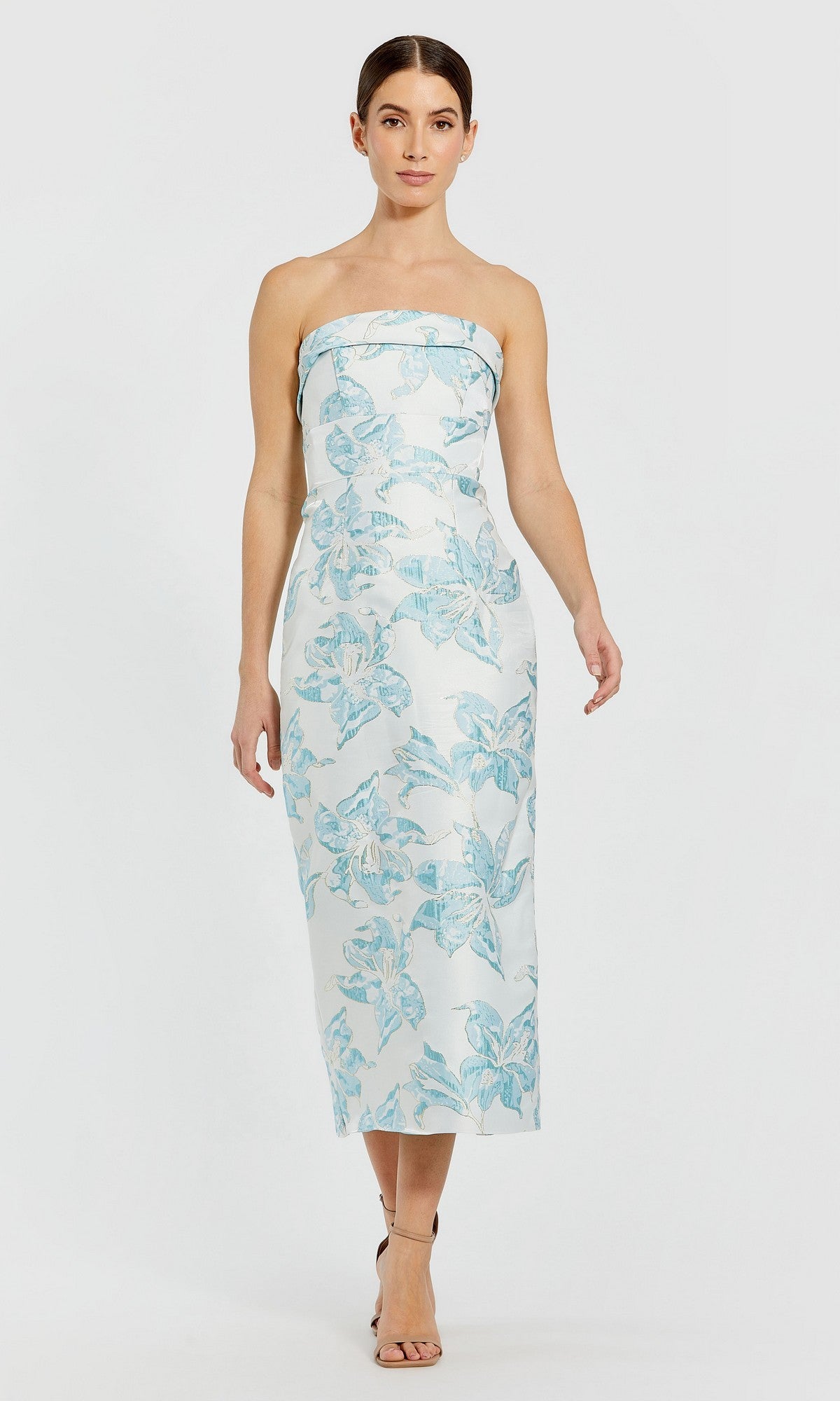 mac duggal blue floral dress Brocade Strapless Column Midi Dress, Womens, 10, French 60 from top of US Size:00 Black Flower Masquerade Gothic Andrea & Leo Couture