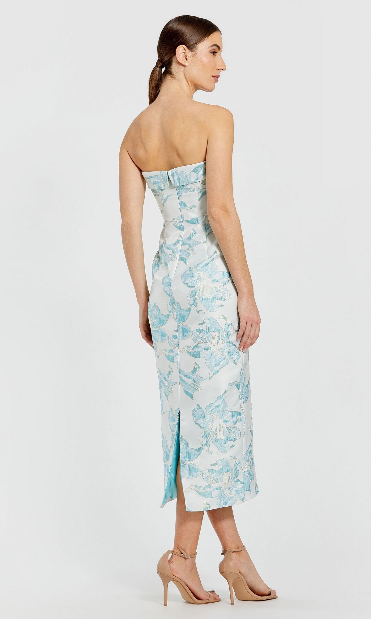 mac duggal strapless brocade midi dress - Blue and White Sheath length evening dress distinguished Cowl Neckline Shoe Size:Size 4.5R Male - Size 6.5R Female Summer Festival Outfits ideas