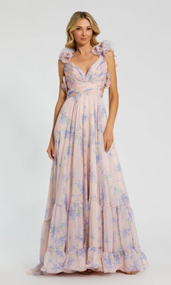 A woman wears the Mac Duggal 68753 Long Formal Dress in Violet Multi, featuring a tiered A-line silhouette with ruffled shoulder details, standing against a plain light background.