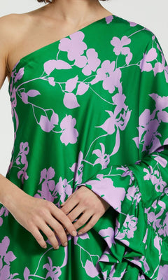 green emerald velvet dress One-Shoulder Long Green Print Formal Dress with Ruffle– PromGirl