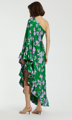 One-Shoulder Long Green Print Formal Dress with Ruffle– PromGirl