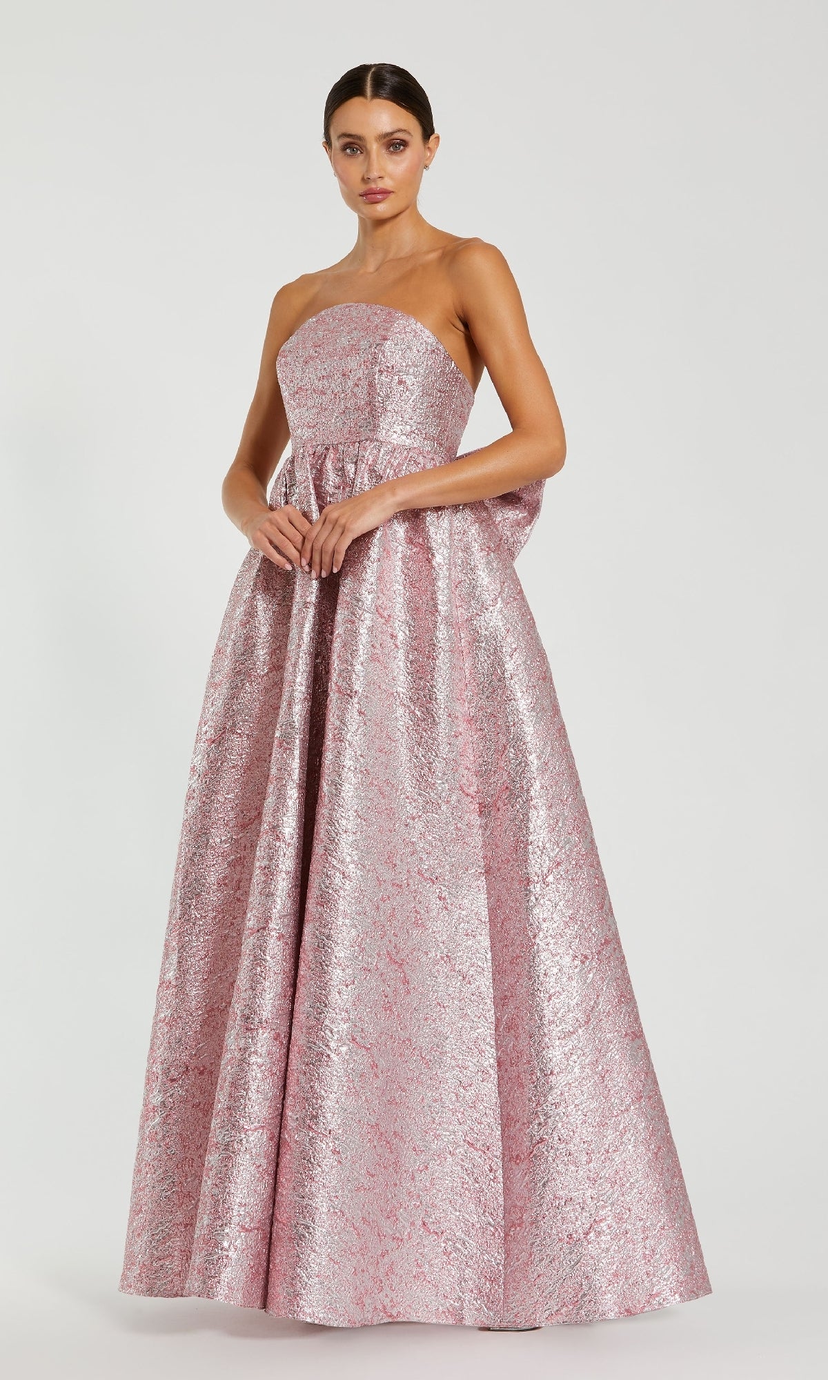 Mac Duggal - Pink Metallic Strapless Brocade Gown with Oversized Bow - Raspberry / US 2 Mac Duggal - Pink Metallic Strapless Brocade Gown with Oversized Bow - Raspberry / US 2