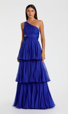 A woman poses against a white backdrop in the One-Shoulder Blue Formal Dress: Mac Duggal 68846, showcasing its elegant tiered layers and modern silhouette for a sophisticated look.
