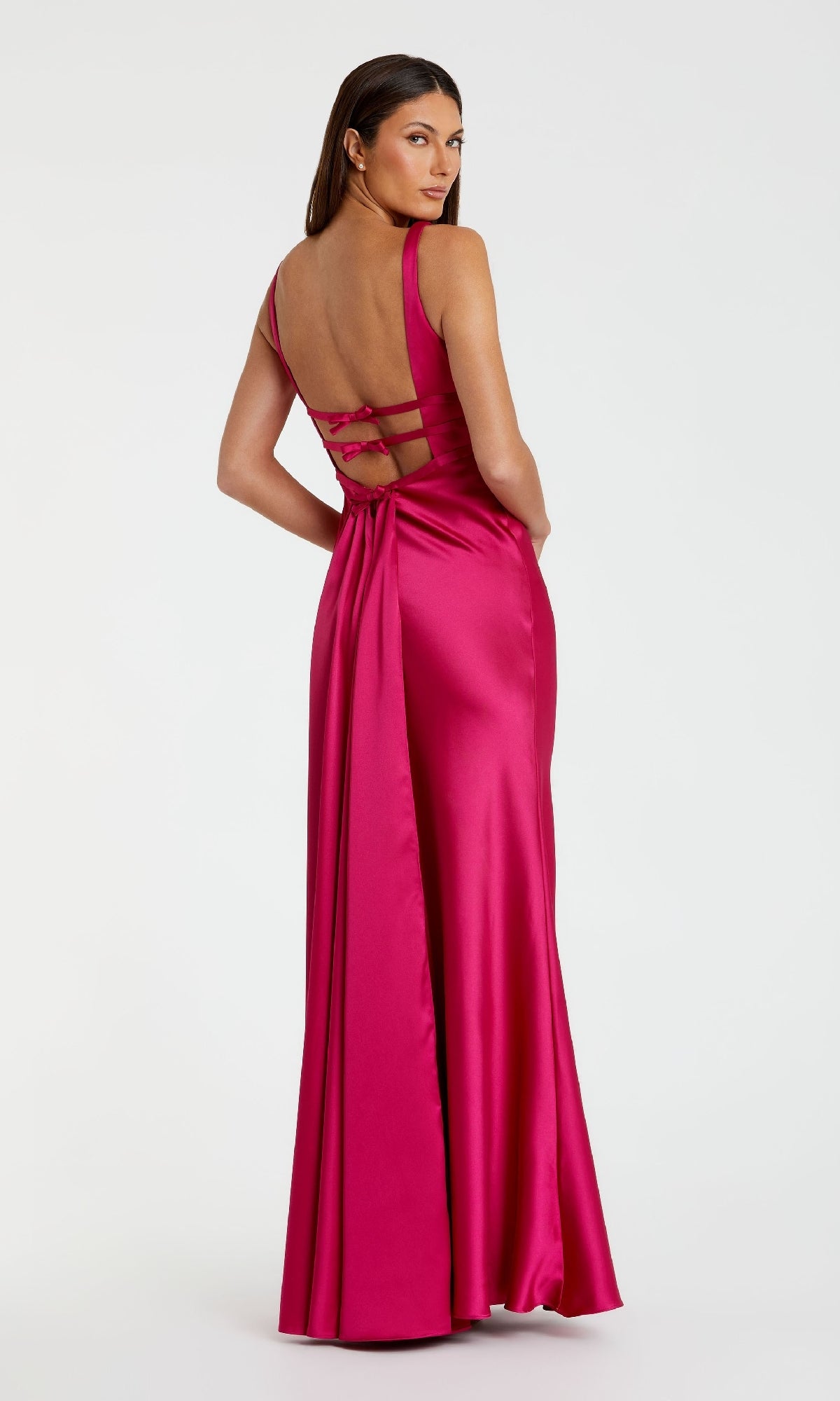 Mac Duggal - Sleeveless V-Neck Satin Gown With Bow Details - US 8 Mac Duggal - Sleeveless V-Neck Satin Gown With Bow Details - US 8