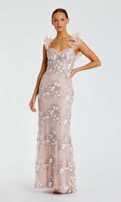 A woman wears the Mac Duggal 68880 long formal dress in pastel multi, featuring a fitted silhouette, floral embroidery, and ruffled shoulder straps, standing against a plain background.