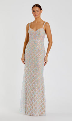 A woman is wearing the Long Formal Dress: Mac Duggal 68886 in Pastel Multi, a long, fitted gown featuring delicate sequin detailing and spaghetti straps, standing against a plain white background.