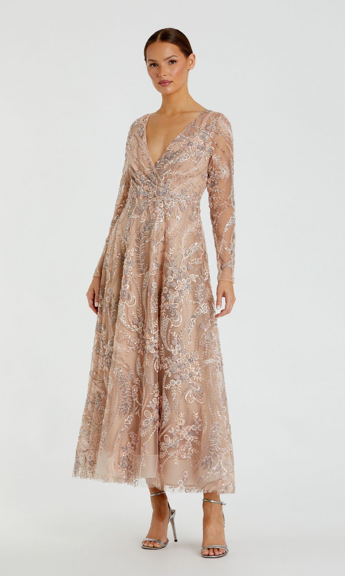 champagne midi dress with sleeves Party Dress: Mac Duggal 68906 Champagne / 2 womens-loafers and long balloon sleeves Black Sequin Dresses | Color classification::An OP Dress Only