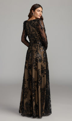 Woman in the Mac Duggal 68908 long sleeve long formal dress, featuring a floor-length silhouette with black lace embroidery and delicate floral detailing, shown from the back against a plain gray background—an elegant option for a formal gown or mother of the bride dress.