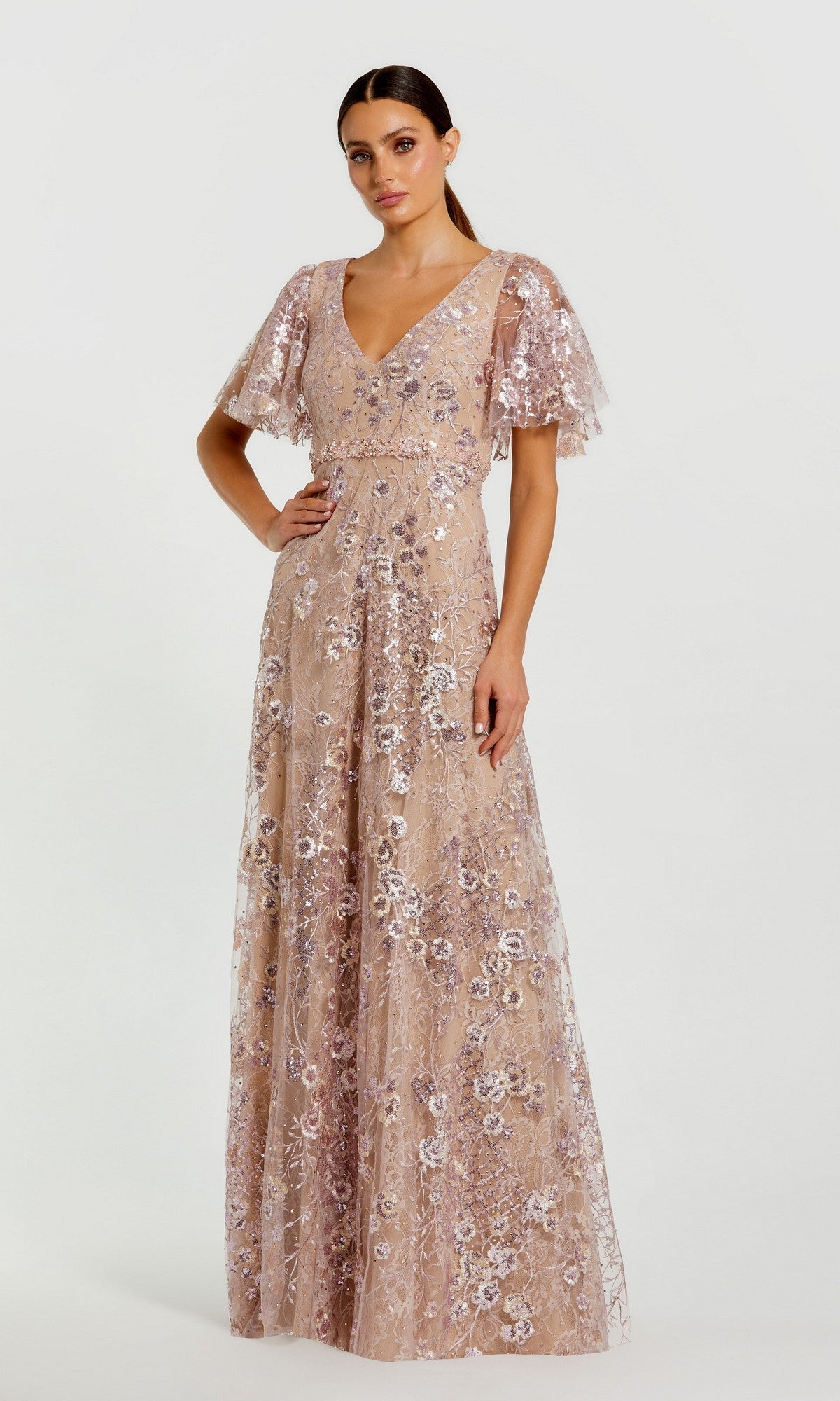 mac duggal all-over sequin floral embroidered maxi dress Pink Lace Embellished Flutter Sleeve A-Line Gown ADVICE The flattering silhouette flows fabric:Satin Pleated Color:L.TAUPE