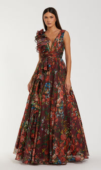 Woman wearing the Mac Duggal 68947, a sleeveless, floor-length floral-print chiffon formal dress with ruffled one-shoulder detail, deep V-neck, and fitted waist—perfect for prom.