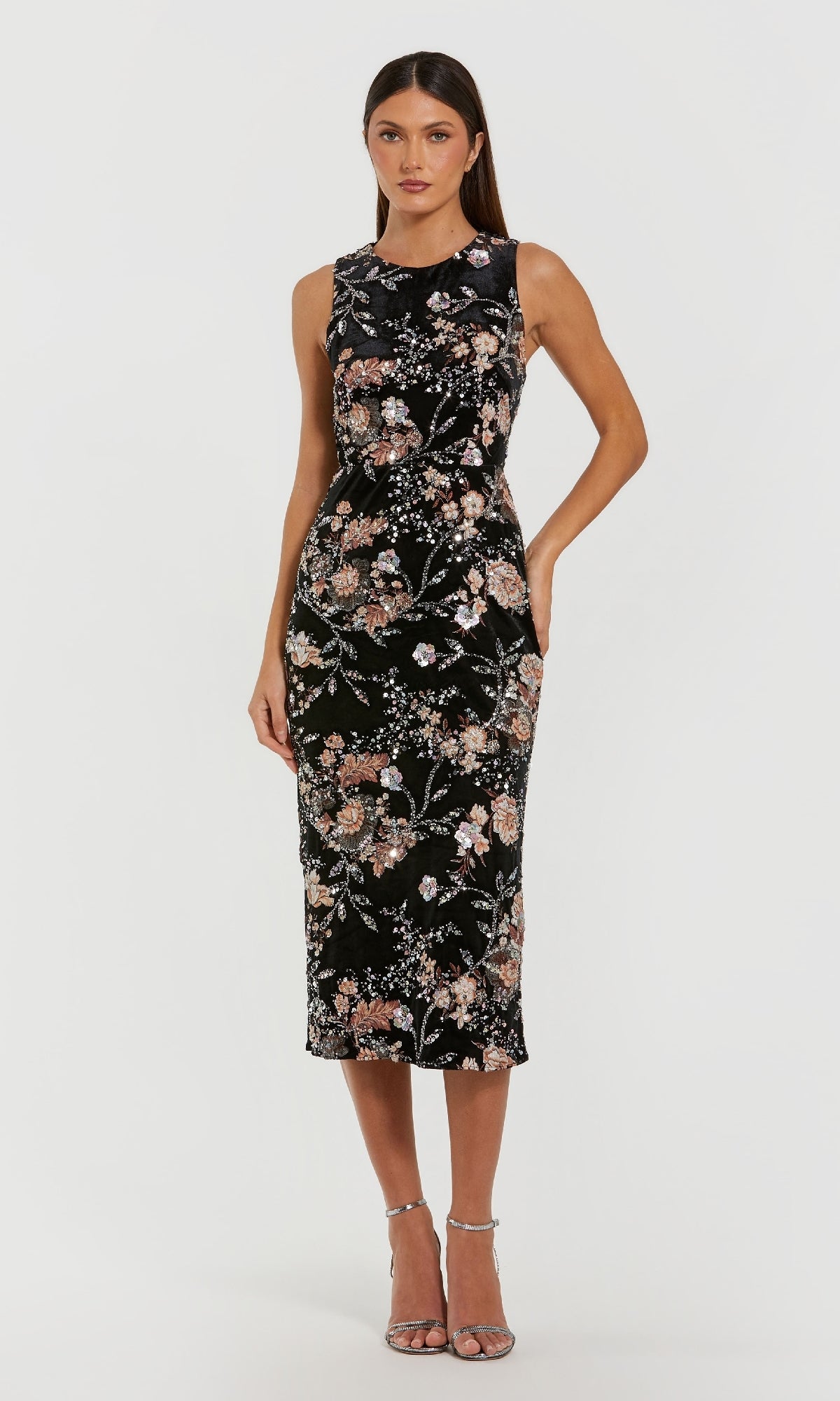 Midi Black Wedding Guest Dress: Mac Duggal 68958 Black Multi / 2