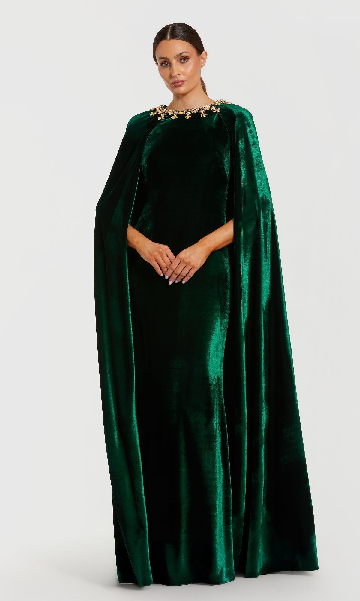 Dark Green Velvet Cape Gown With Embellished Neckline