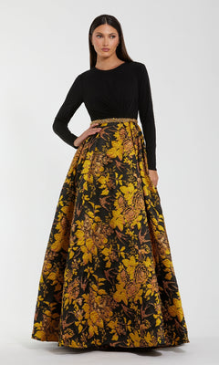 Mac Duggal - Black Long Sleeve Floral Brocade Ball Gown - Black Gold / US 14 Mac Duggal - Black Long Sleeve Floral Brocade Ball Gown - Black Gold / US 14