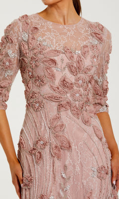 Pink embroidered dress with floral patterns on a white background