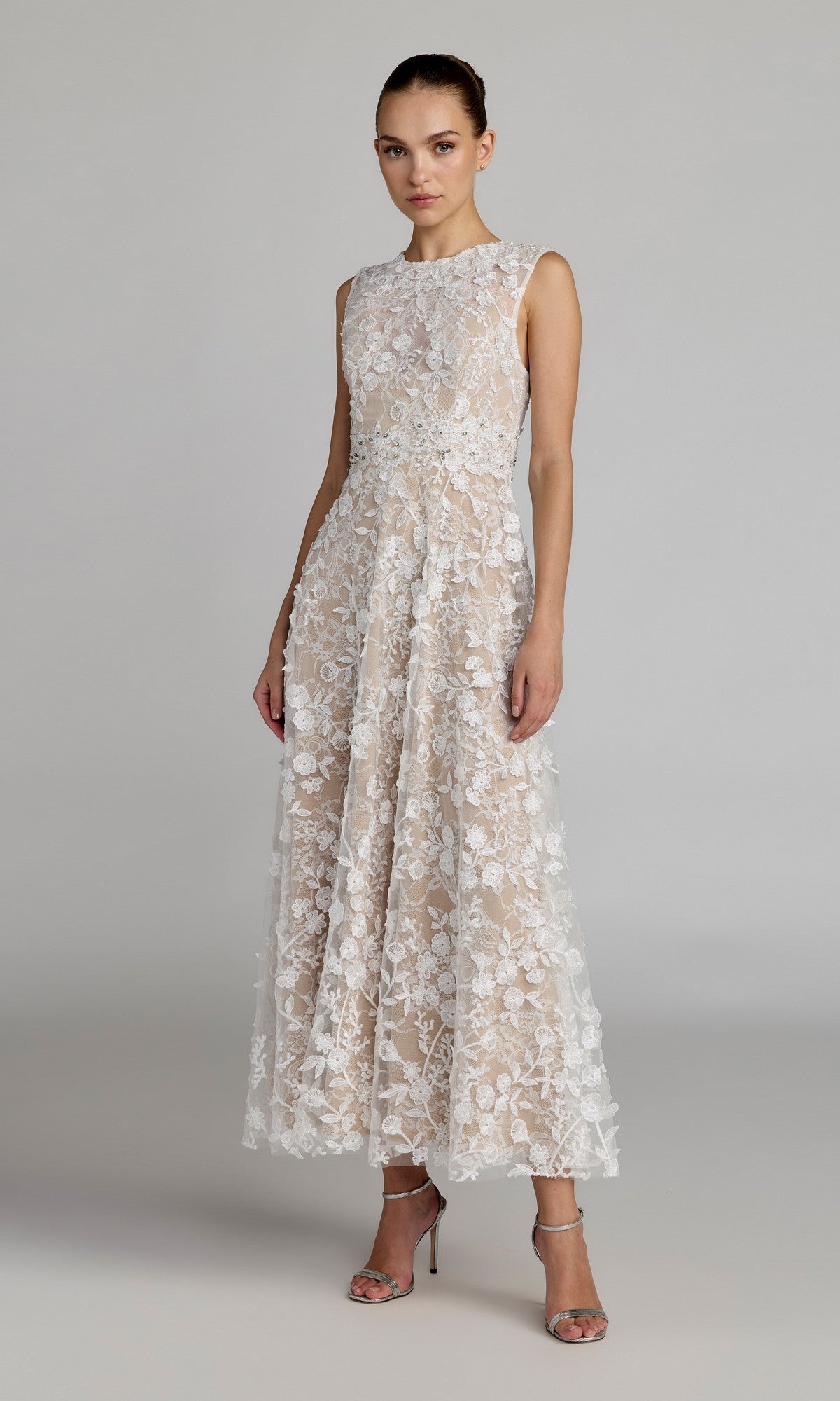 mac duggal cocktail & party dresses Ivory Floral Embroidered High Neck Midi Dress newdrop feather details color:lapis blue Charlotte is stunning in