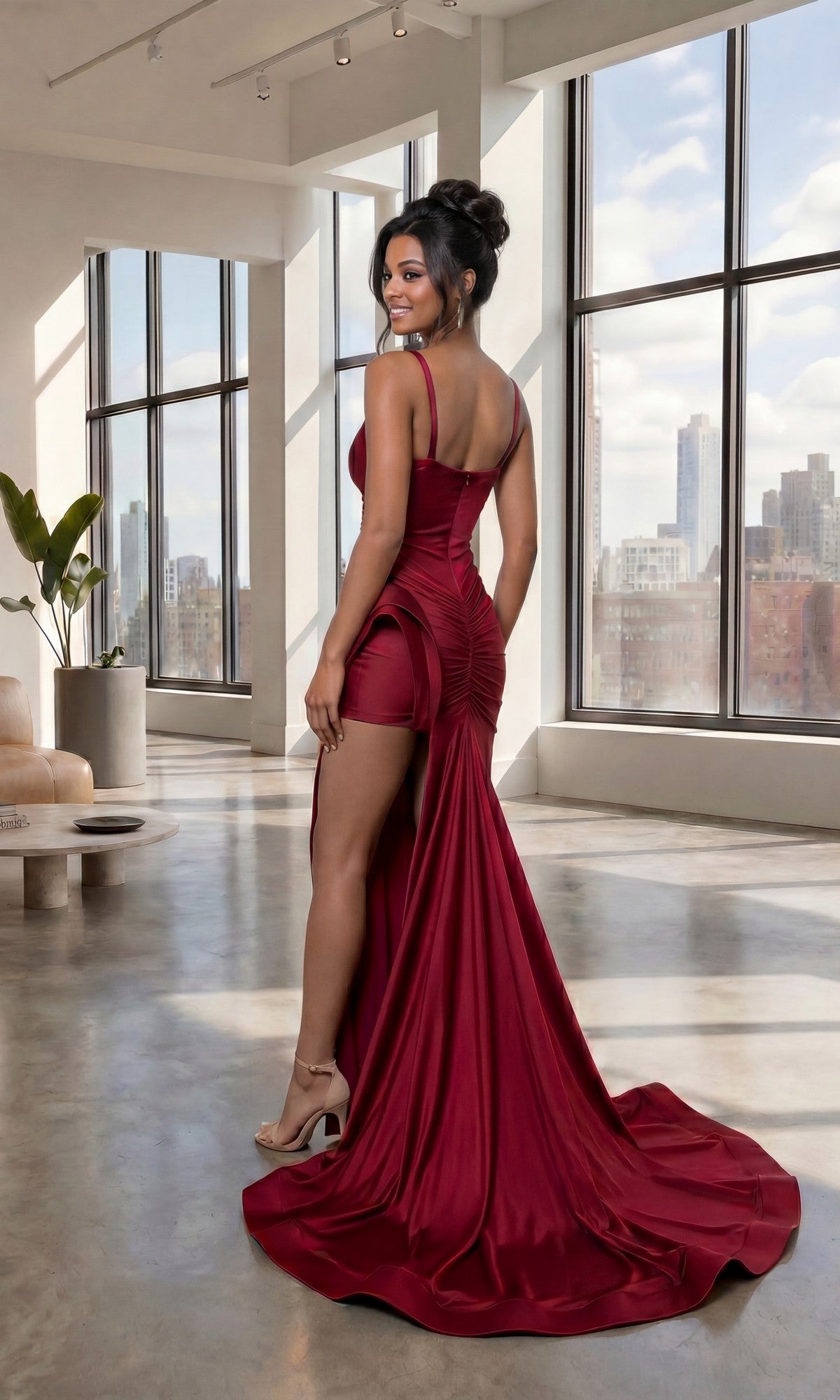 A woman wearing the Long Prom Dress: Atria 6926H, featuring a sexy high leg slit and v-neckline, poses indoors by large windows with city buildings visible outside and modern furniture in the background.